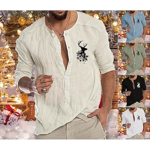 

Men's Shirt Christmas Shirt Graphic Deer Collar Green Black Blue Beige White Outdoor Christmas Long Sleeve Button-Down Print Clothing Apparel Fashion Designer Casual