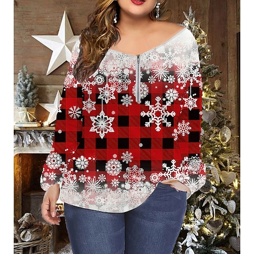 

Women's Plus Size Tops T shirt Tee Snowman Christmas Tree Print Long Sleeve V Neck Christmas Winter Summer Green Red