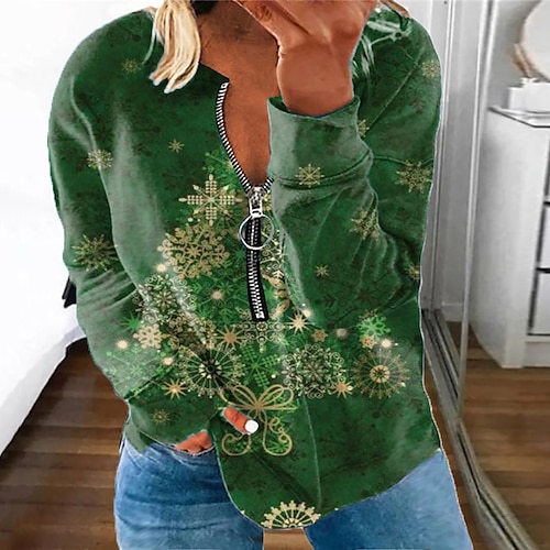 

Women's Plus Size Christmas Tops Pullover Sweatshirt Christmas Tree Zipper Print Long Sleeve Round Neck Casual Daily Polyester Winter Fall Green Blue