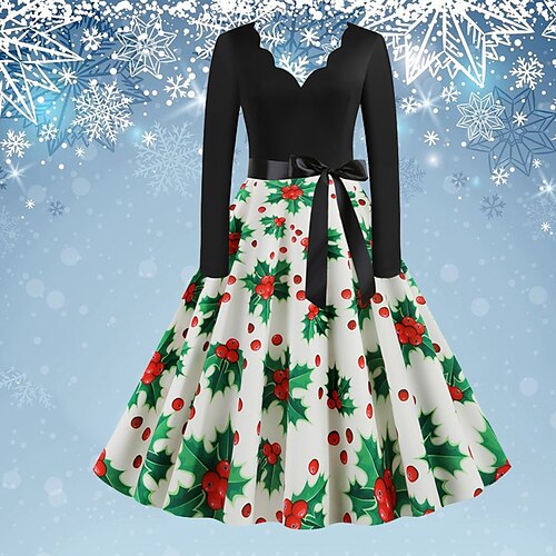 

robe balançoire de noël pour femme robe vintage longueur genou robe vert bleu vin rouge clair vert foncé rouge à manches longues floral bonhomme de neige arbre arc imprimer automne hiver col en v