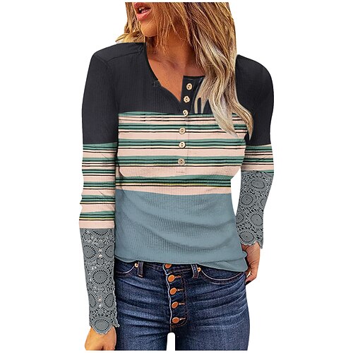 

Women's T shirt Tee Green Blue Pink Striped Print Long Sleeve Daily Weekend Basic Round Neck Regular Painting S
