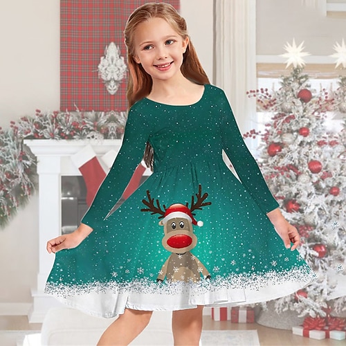 

Kids Girls' Christmas Dress Elk Snowflake Casual Dress Christmas Gifts Casual Crewneck Green Purple Above Knee Long Sleeve Adorable Daily Dresses Christmas Winter Fall Regular Fit 2-13 Years