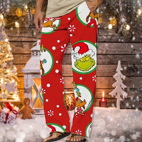 

Men's Christmas Pants Trousers Beach Pants Drawstring Elastic Waist 3D Print Cartoon Graphic Prints Comfort Soft Christmas Casual Daily Streetwear Designer Black Red