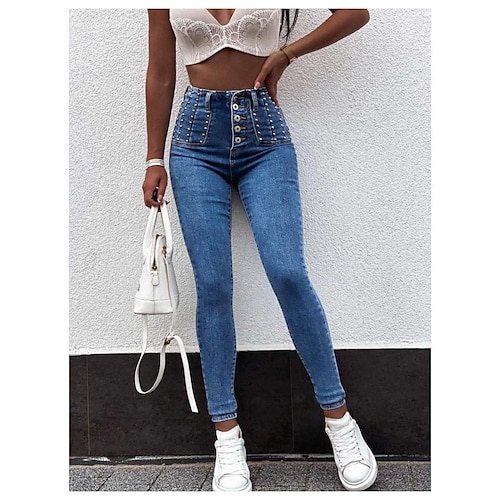

Women's Jeggings Denim Blue High Waist Streetwear Casual Going out Casual Daily Rivet Full Length Outdoor Solid Colored S M L XL 2XL