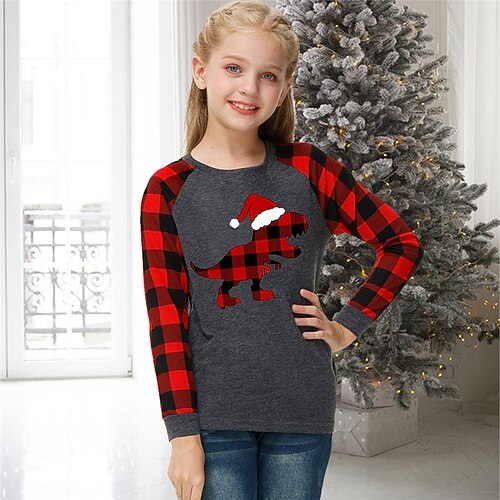 

Kids Girls' Christmas T shirt Animal Christmas Gifts 3D Printing Long Sleeve Crewneck Cute 7-13 Years Winter Red Gray