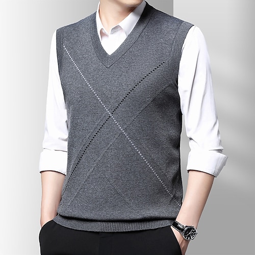 

Men's Sweater Vest Pullover Sweater Jumper Ribbed Knit Knitted Solid Color V Neck Casual Modern Contemporary Work Daily Wear Clothing Apparel Sleeveless Spring & Fall Camel Dark Grey M L XL