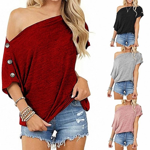 

2022 Spring And Summer New Cross-Border Amazon Women's European And American Casual Solid Color Short-Sleeved One-Word Collar Loose Bottoming Shirt Women