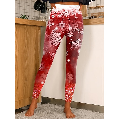 

Women's Christmas Red Leggings Stretchy Snowflake Moisture Wicking Yoga Fitness Tennis Tights Stretchy Spandex Winter Sports Activewear Cropped Leggings