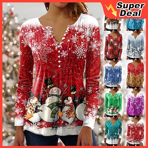 

Women's Blouse Shirt Maroon Wine Red Green Plaid Deer Button Print Long Sleeve Casual Holiday Christmas Round Neck Regular S