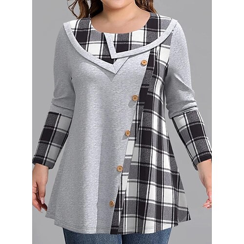 

Women's Plus Size Tops Blouse Plaid Button Print Long Sleeve Crew Neck Casual Modern Daily Vacation Polyester Winter Fall Green Dark Red