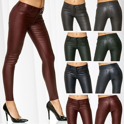 

Women's Tights Leggings Faux Leather Black Burgundy Navy Blue Fashion Casual Weekend Ankle-Length Tummy Control Plain S M L XL XXL