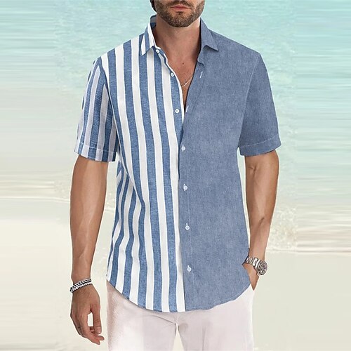 

Men's Shirt Striped Graphic Prints Turndown Blue 3D Print Outdoor Street Short Sleeves Button-Down Print Clothing Apparel Tropical Designer Casual Hawaiian
