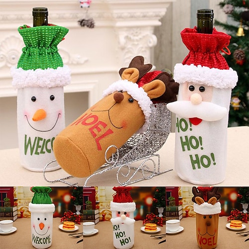 

Christmas Gift Wine Bottle Decors Bag Christmas Doll Red Wine Set Cartoon Old Man Snowman Elk Silk Screen Wine Bottle Bag Bundle Pocket