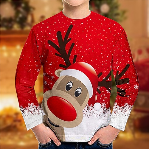 

Toddler Boys Ugly Christmas T shirt Tee Animal Elk Long Sleeve Crewneck Children Top Casual 3D Print Cute Daily Winter Fall Red 7-13 Years