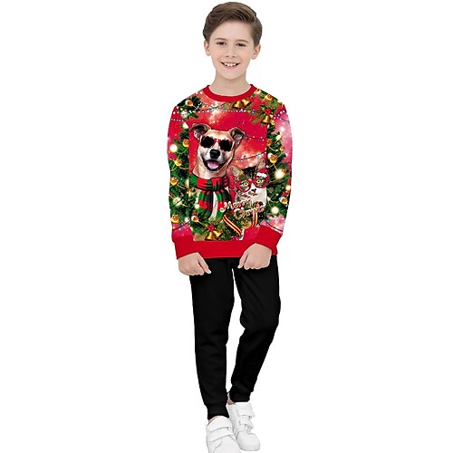 

Toddler Boys Ugly Christmas T shirt Tee Dog Christmas Tree Long Sleeve Crewneck Cotton Children Top Outdoor Fashion Adorable Winter Fall Red 3-7 Years