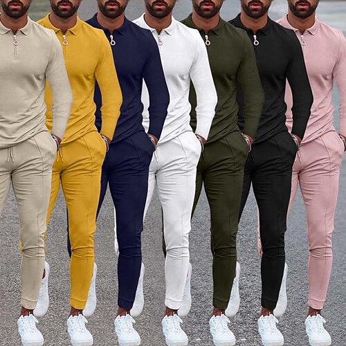 

Men's T-shirt Suits Tracksuit Solid Colored Turndown Blue Pink Yellow Outdoor Street Long Sleeve Drawstring Clothing Apparel 2pcs Sportswear Classic Comfortable