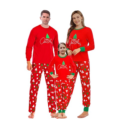 

Christmas Pajamas Family Christmas Tree Home Crewneck Red Navy Blue Long Sleeve Basic Matching Outfits