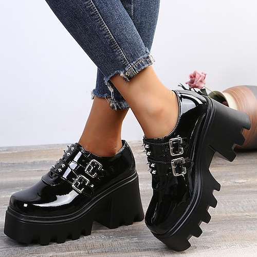 

europe and the united states shiny leather buckle with thick heel and thick bottom low-top women's boots foreign trade large size british style fashion shoes wholesale