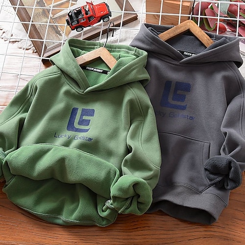 

Kids Boys Hoodie Pullover Solid Color Graphic Long Sleeve Children Top Outdoor 3D Print Cotton Hoodie Fashion Daily Green Gray Winter 3-7 Years / Fall