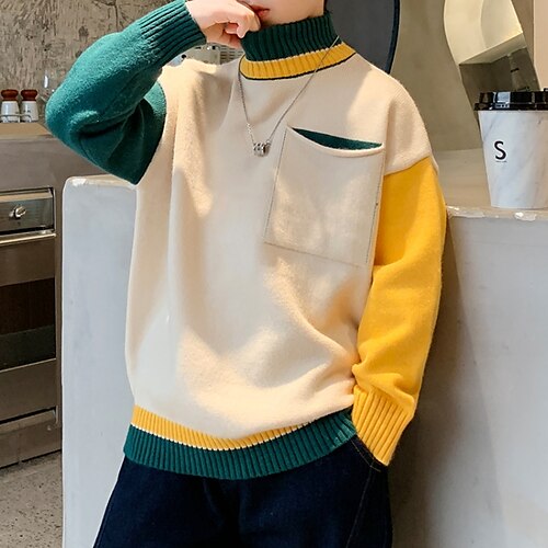 

Kids Boys Christmas Turtleneck Sweater Color Block Long Sleeve Casual Adorable Navy Blue Winter Clothes 7-13 Years