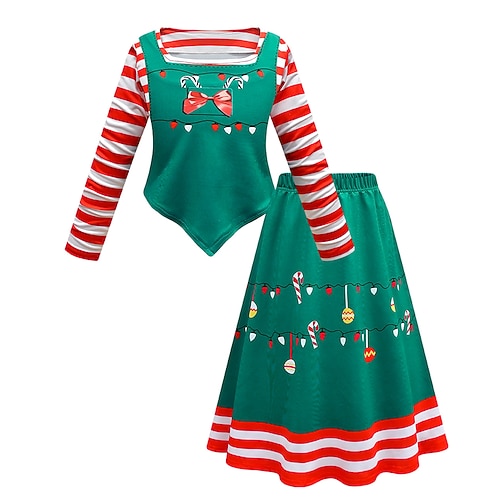 

2 Pieces Kids Girls' Christmas Stripe Skirt & Shirt Set Long Sleeve Active Performance 7-13 Years Winter Green