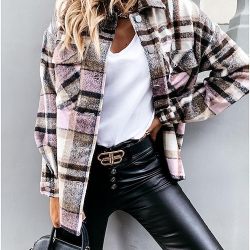 

2021 autumn and winter cross-border european and american wish foreign trade amazon women's new woolen shirt long-sleeved plaid coat