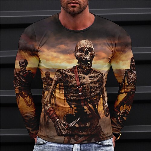 

Men's T shirt Tee Skull Graphic Prints Skeleton Crew Neck Green Blue Yellow Orange Red 3D Print Outdoor Street Long Sleeve Print Clothing Apparel Basic Sports Designer Casual