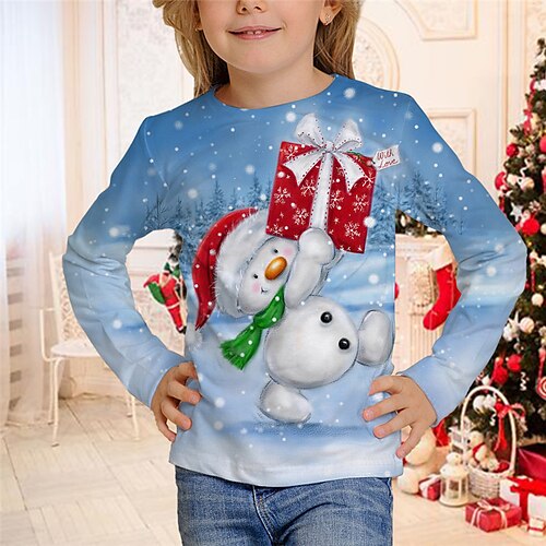 

Kids Girls' Ugly Christmas T shirt Snowman Christmas Gifts 3D Printing Long Sleeve Crewneck Cute 7-13 Years Winter Blue