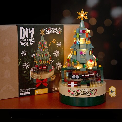 

Christmas Music Box Gift Christmas Decorations Electric Rotating Colorful Children Small Particle Building Block Music Box 360 Pcs Educational Toys Diy Led Night Light