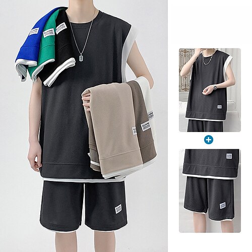 

Men's T-shirt Suits Tracksuit Tennis Shirt Shorts and T Shirt Set Set Solid Color Round Neck Green Black Blue Khaki Dark Gray Work Casual Sleeveless 2 Piece Clothing Apparel Basic Sports Fashion