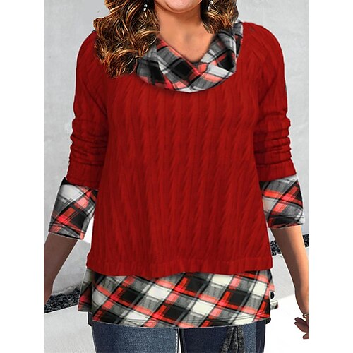

Women's Plus Size Tops Blouse Shirt Plaid Print Long Sleeve Cowl Neck Casual Holiday Daily Vacation Cotton Winter Fall Black Pink
