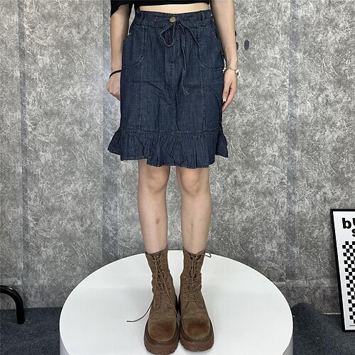 

Women's Skirt Knee-length Denim Blue Skirts Ruffle Pocket Drawstring Fashion Casual Daily S M L