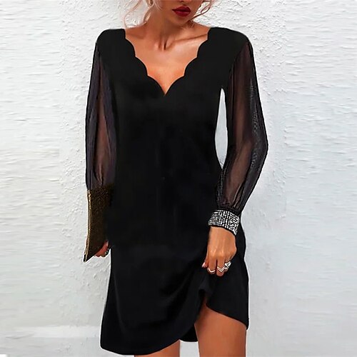 

Women's Casual Dress T Shirt Dress Tee Dress Black Dress Mini Dress Black Long Sleeve Pure Color Mesh Winter Fall Spring V Neck Classic Daily 2022 S M L XL XXL