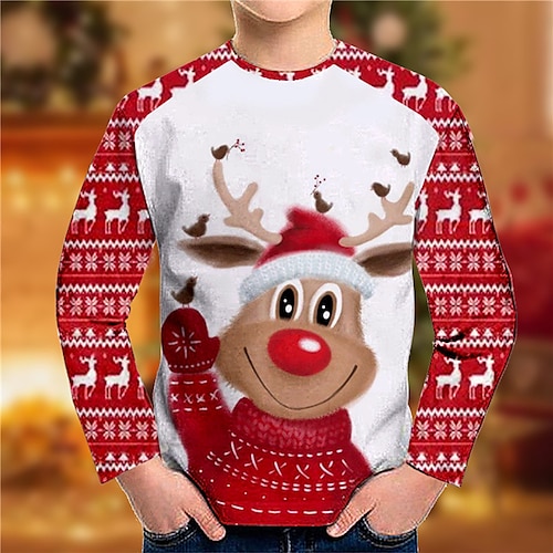 

Toddler Boys Ugly Christmas T shirt Tee Animal Elk Snowflake Long Sleeve Crewneck Children Top Casual 3D Print Cute Daily Winter Fall Red 7-13 Years