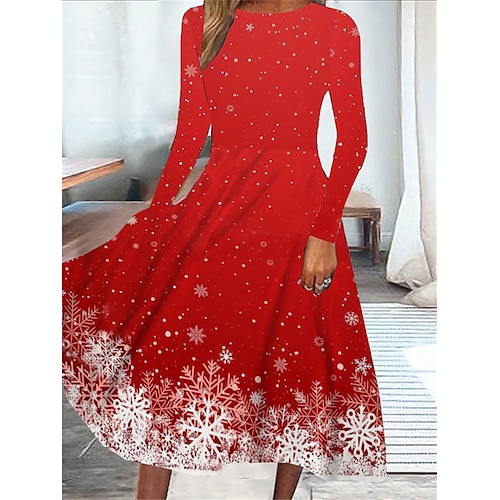 

Women's Casual Dress Swing Dress Midi Dress Wine Long Sleeve Snowflake Pocket Winter Fall Spring Crew Neck Fashion Christmas Daily Weekend 2022 S M L XL XXL 3XL