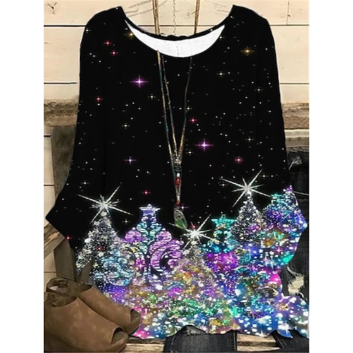 

Women's Plus Size Christmas Tops Blouse Shirt Snowman Tree Print Long Sleeve Crew Neck Casual Festival Daily Polyester Winter Fall Black Fuchsia