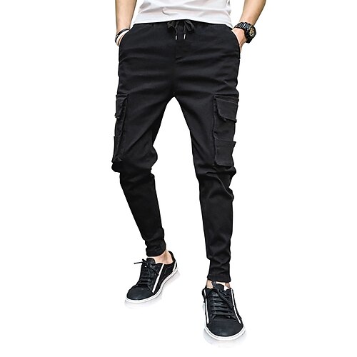 

Men's Cargo Pants Trousers Drawstring Elastic Waist Multi Pocket Solid Color Comfort Daily Holiday Streetwear Stylish Black Micro-elastic