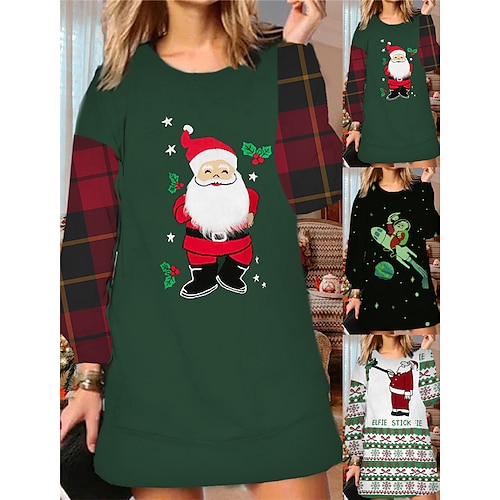 

Women's Christmas Ugly Sweatshirt Dress Shift Dress Mini Dress Green Black Army Green Long Sleeve Santa Claus Print Winter Fall Autumn Fashion Daily 2022 S M L XL XXL 3XL