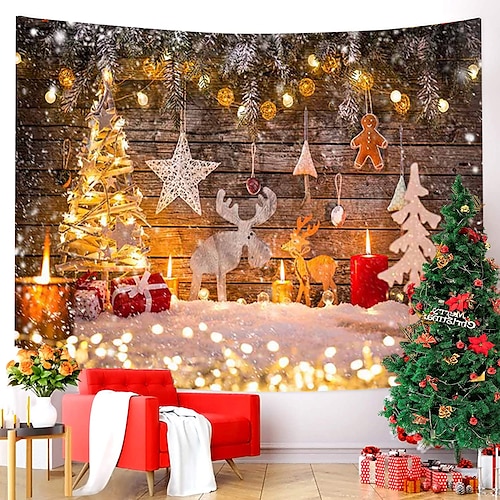 

Christmas Santa Claus Wall Tapestry Art Decor Blanket Photo Background Backdrop Curtain Picnic Tablecloth Hanging Home Bedroom Living Room Dorm Decoration Candle Christmas Tree Gift Snow Elk Polyester