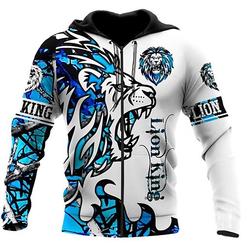 

Herren Kapuzenshirt mit durchgehendem Reißverschluss Jacke Blau Mit Kapuze Tier Löwe Grafik-Drucke Zip Bedruckt Sport Natur Täglich Sport 3D-Druck Strassenmode Designer Casual Frühling Herbst