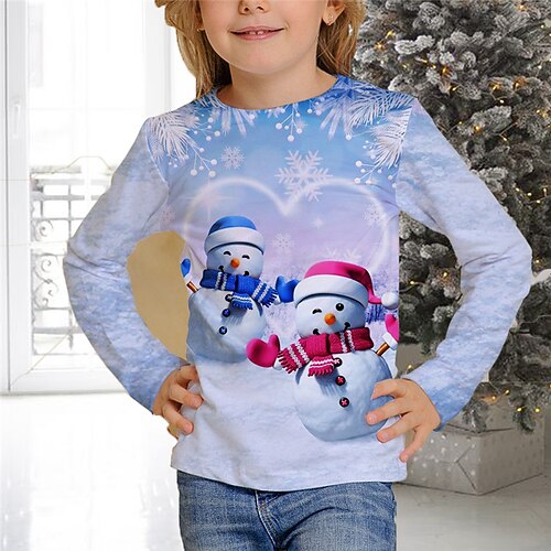 

Kids Girls' Christmas T shirt Snowman Christmas Gifts 3D Printing Long Sleeve Crewneck Cute 7-13 Years Winter Blue