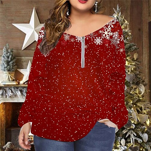 

Women's Plus Size Christmas Tops T shirt Tee Plaid Tree Zipper Print Long Sleeve V Neck Casual Festival Daily Cotton Spandex Jersey Winter Fall Wine Red