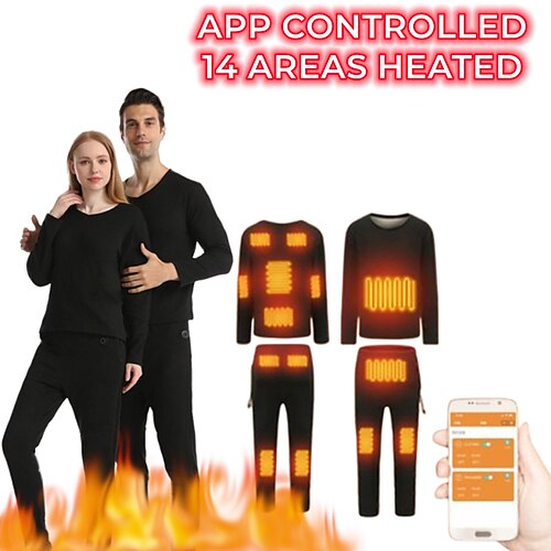 

14 Areas APP Bluetooth Winter Heated Underwear USB Battery Powered Electric Heating Warm Tops trousers Phone Smart Control Temperature Ski Underwear