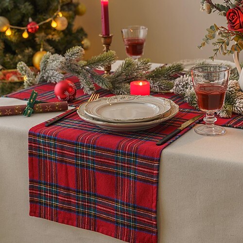 

Christmas Table Runner Long Cotton Linen Holiday Xmas Theme Red Buffalo Plaid Farmhouse Rustic Coffee Dining Party Outdoor Christmas Table Runners