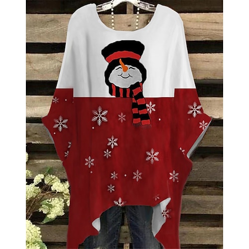 

Women's Plus Size Christmas Tops T shirt Tee Snowman Snowflake Print Half Sleeve Crew Neck Casual Festival Daily Cotton Spandex Jersey Winter Fall Red