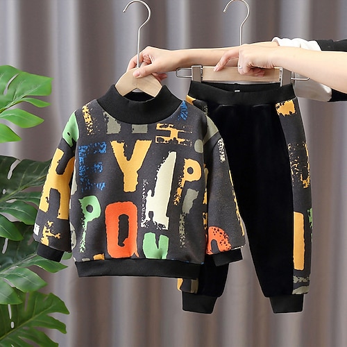 

2 Pieces Toddler Boys Sweatshirt & Pants Outfit Letter Long Sleeve Set Casual Fashion Daily Winter Fall 7-13 Years Black