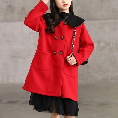 

Kids Girls' Pea Coat Long Sleeve Red Solid Color Winter Fall Active Outdoor 7-13 Years