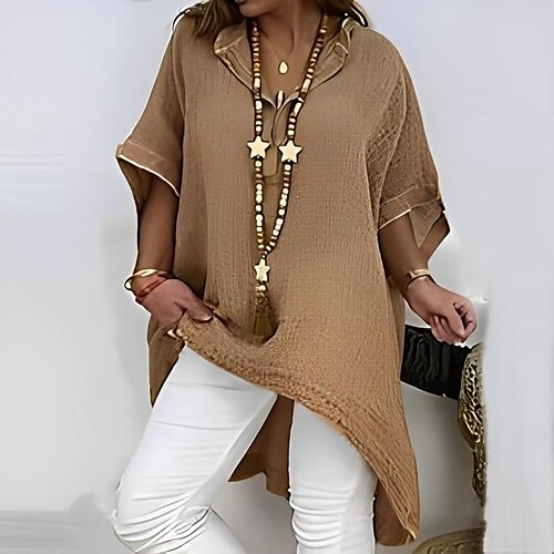 

Women's Plus Size Tops Blouse Shirt Solid Color Half Sleeve V Neck Vintage Casual Daily Vacation Polyester Fall Spring khaki