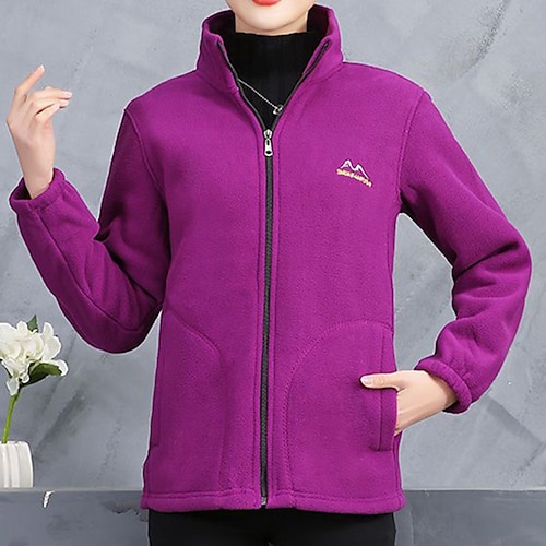 

Women's Fleece Jacket Basic Pocket Zip Up Green Purple Fuchsia Plain Casual V Neck Long Sleeve Fleece XL 2XL 3XL 4XL 5XL