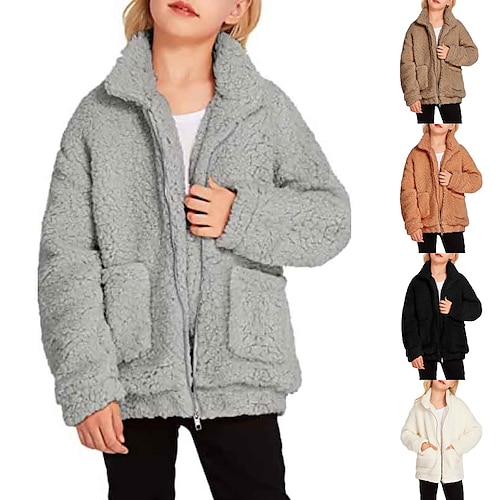 

Kids Girls' Sherpa Jacket Solid Color Fashion Casual Coat Outerwear 3-12 Years Winter dark brown Creamy-white Black